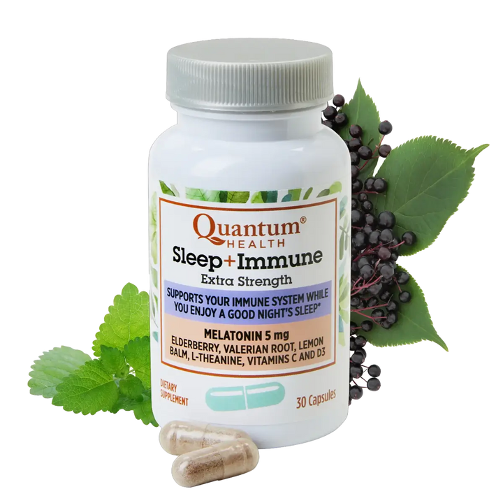 Quantum Health Sleep + Immune supplement bottle with capsules and herbs on a white background