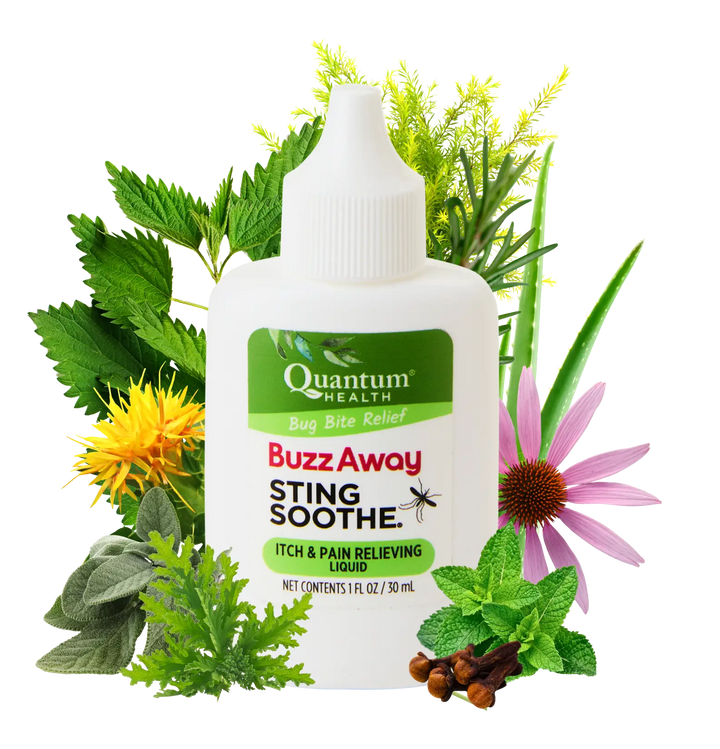 Quantum Health Buzz Away Sting Soothe product with natural elements on a white background