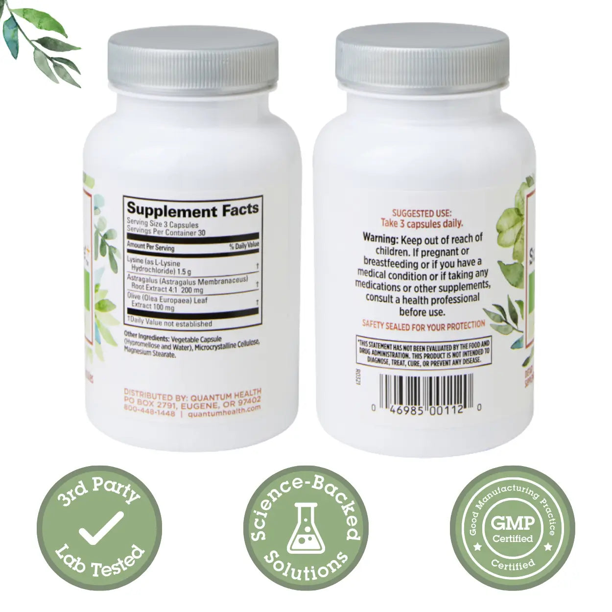 Two supplement bottles with labels and certification logos on a white background