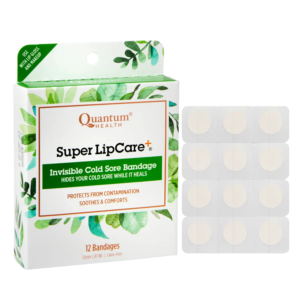 Quantum Health Super LipCare Invisible Cold Sore Bandage packaging with bandages on a white background