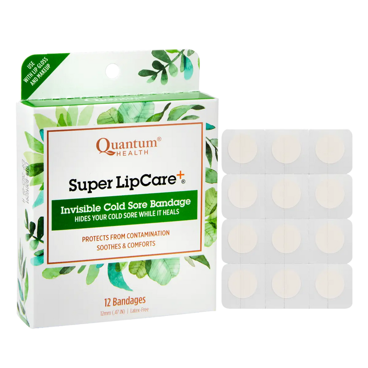 Quantum Health Super LipCare Invisible Cold Sore Bandage packaging with bandages on a white background