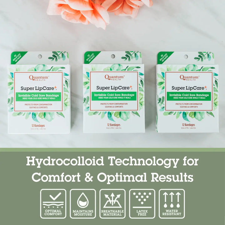 Three packages of Quantum Super LipCare bandages on a white background with text about hydrocolloid technology.