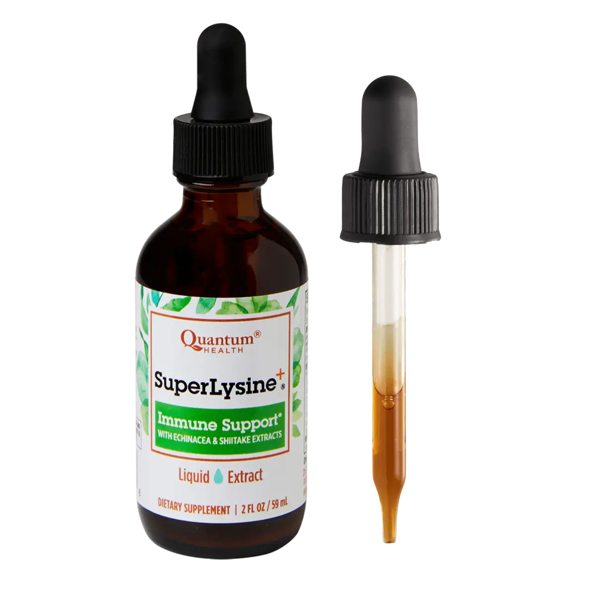 SuperLysine immune support supplement bottle with dropper on a white background
