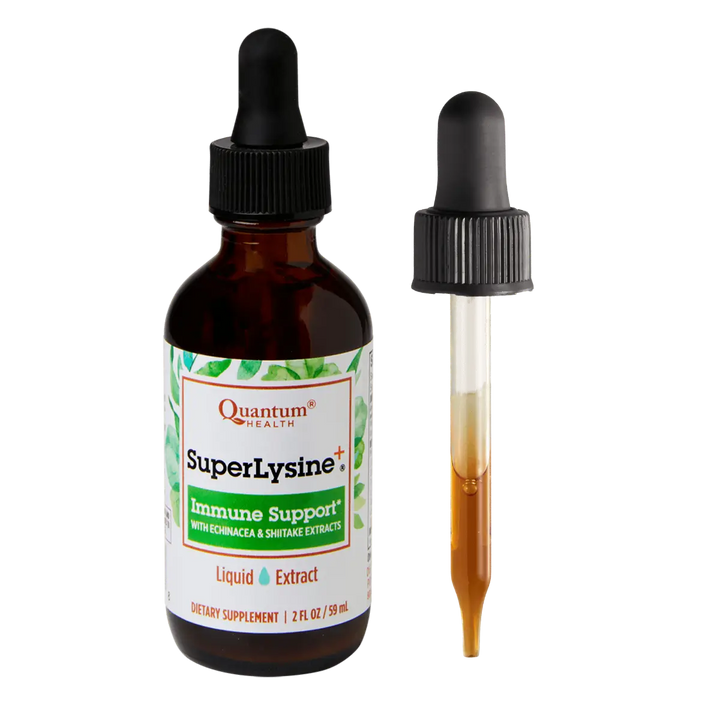 SuperLysine immune support supplement bottle with dropper on a white background