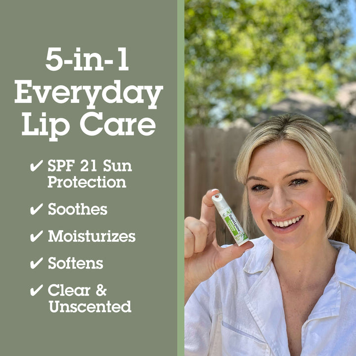 Woman with a smiling outdoors with sun protection advice on a green background