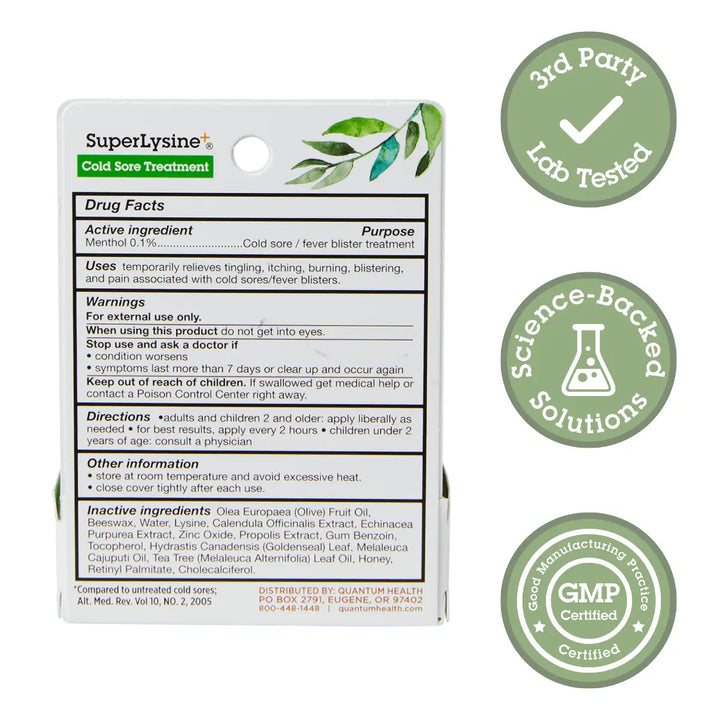 SuperLysine+ Cold Sore Treatment packaging with third-party lab tested, science-backed solutions, and GMP certified badges.