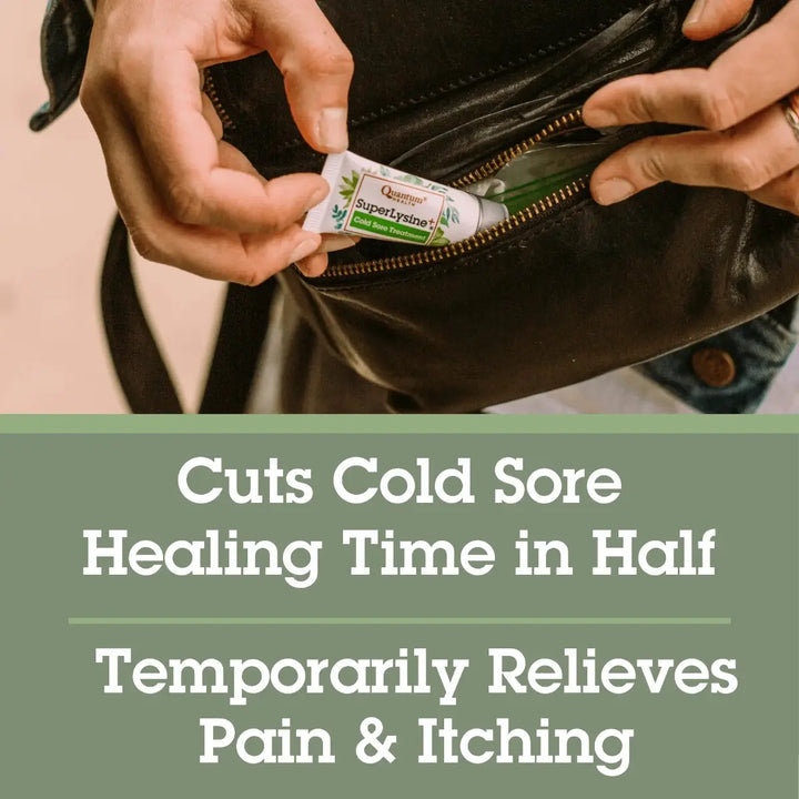 Person opening a bag to take out a SuperLysine+ Cold Sore Ointment.