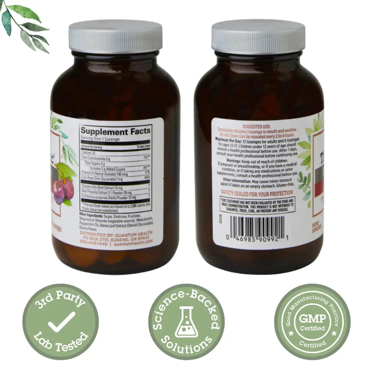 Two supplement bottles with labels and certification logos on a white background