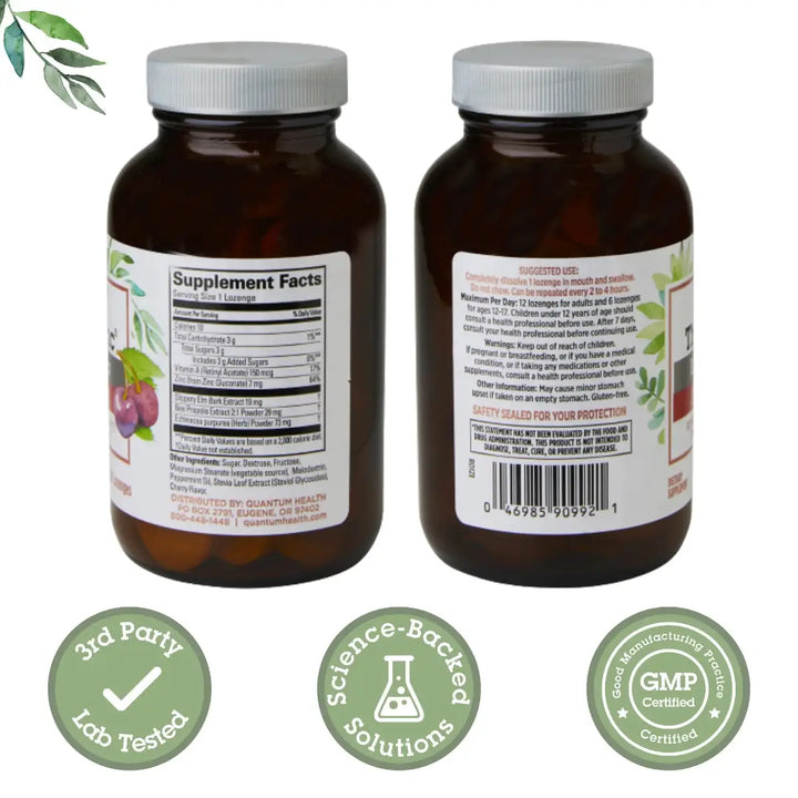 Two supplement bottles with labels and certification logos on a white background