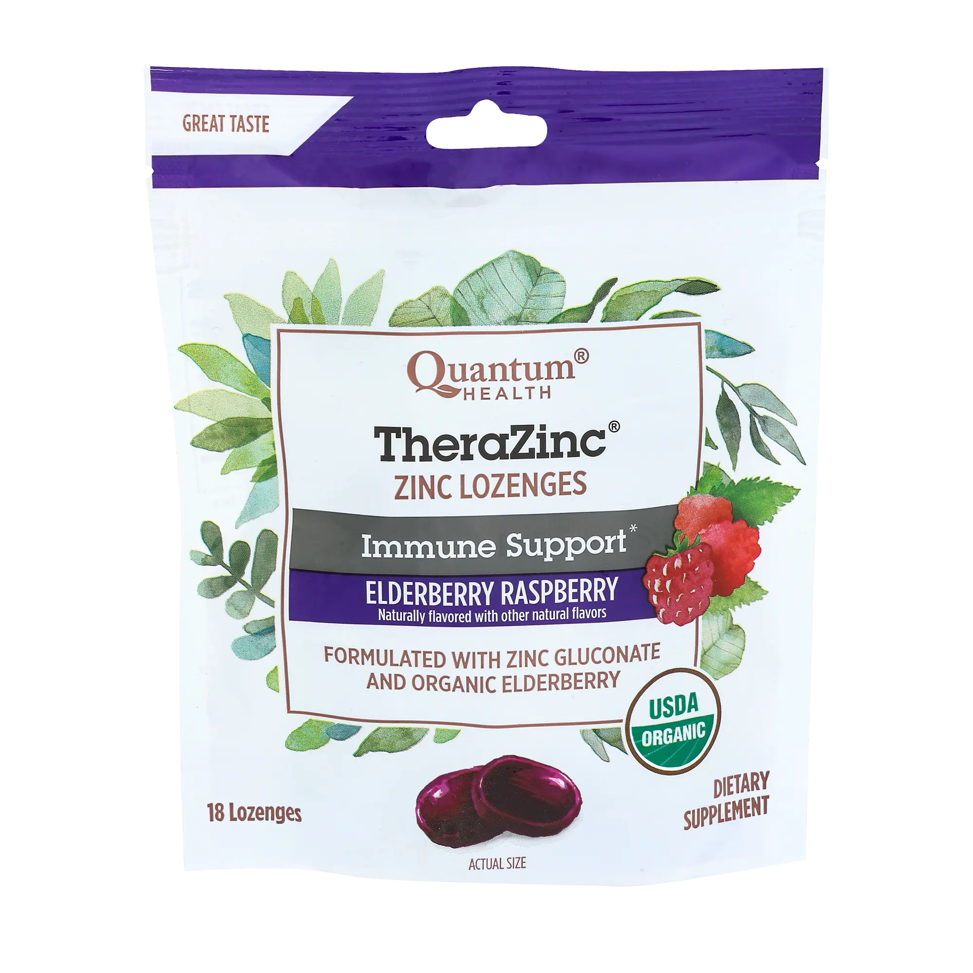 Package of Quantum Health TheraZinc Zinc Lozenges with elderberry and raspberry flavor on a white background