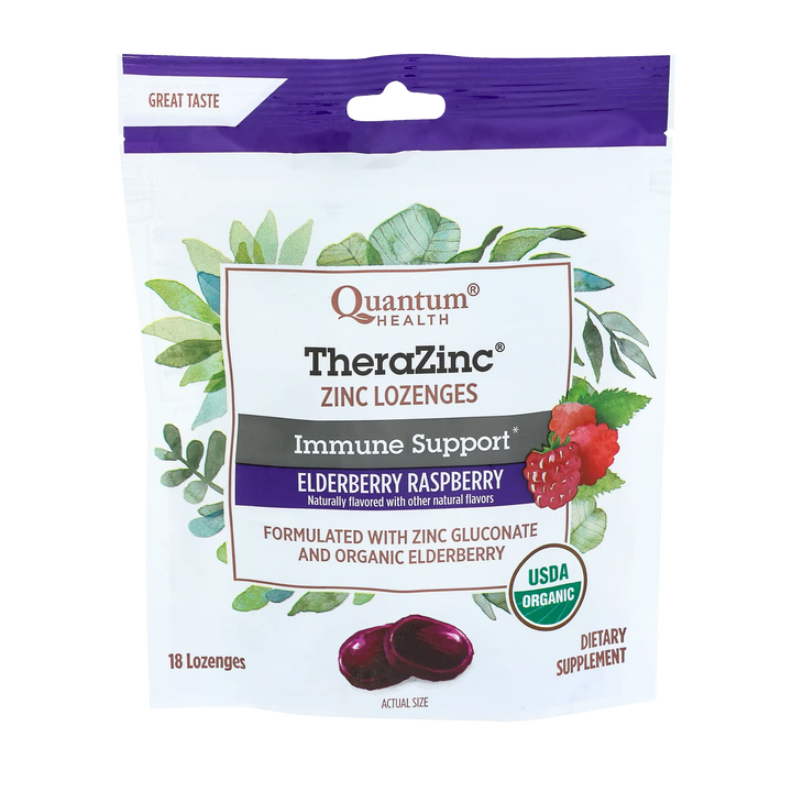 Package of Quantum Health TheraZinc Zinc Lozenges with elderberry and raspberry flavor on a white background