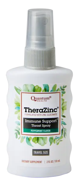 TheraZinc immune support throat spray bottle on a white background