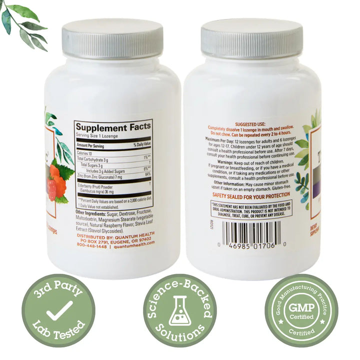 Two supplement bottles with labels and certification logos on a white background