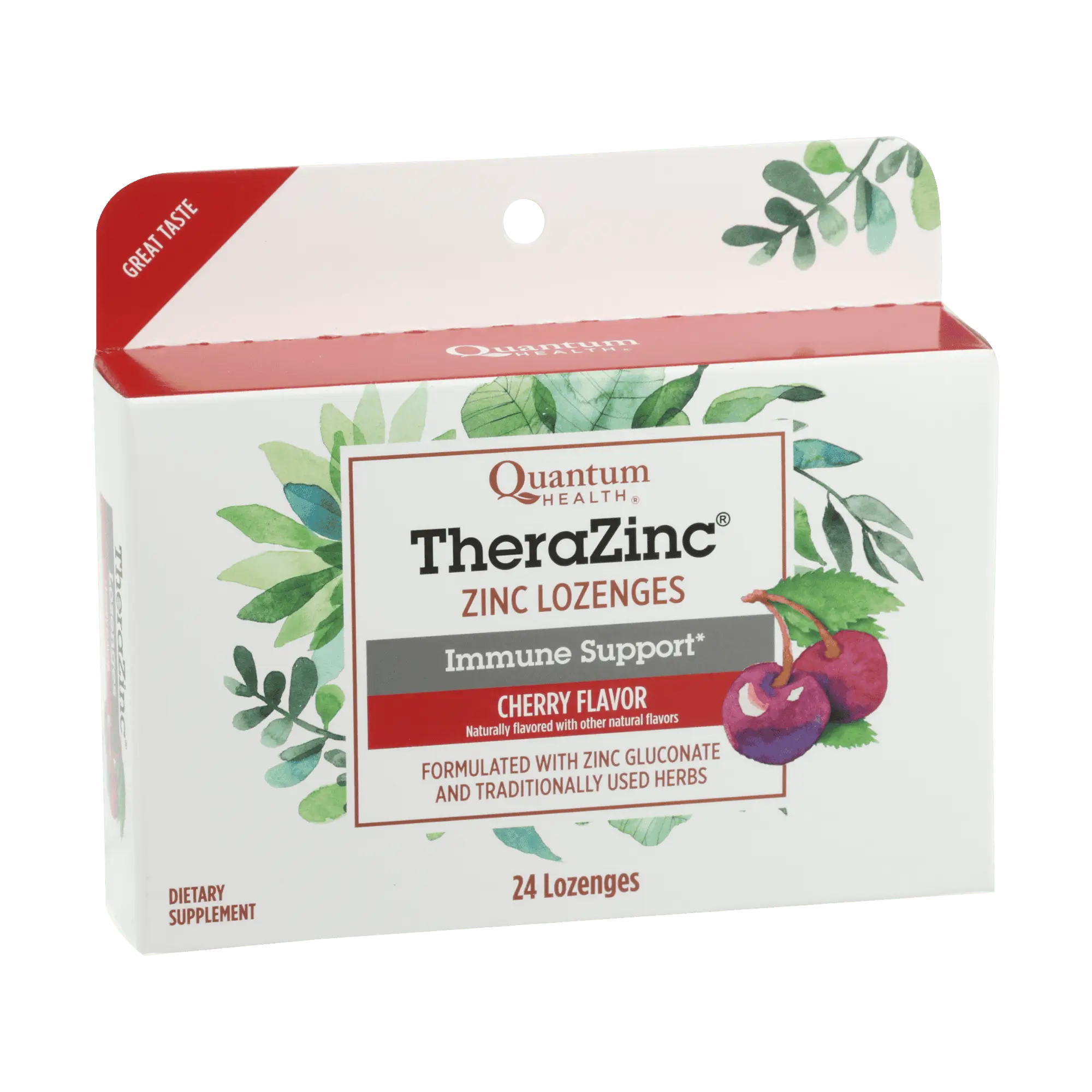 Box of Quantum Health TheraZinc Zinc Lozenges with cherry flavor on a white background