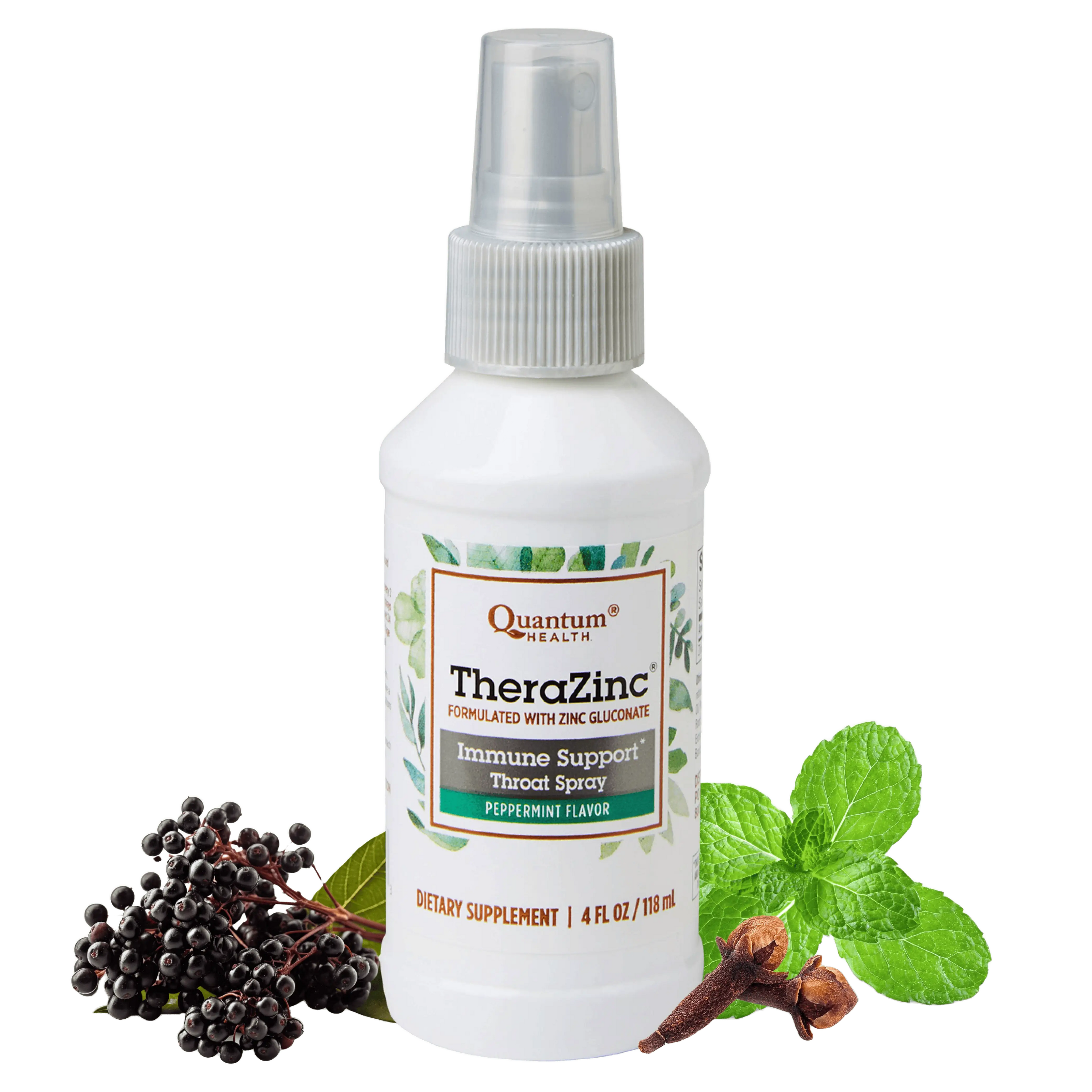 TheraZinc immune support spray bottle with herbs on a white background
