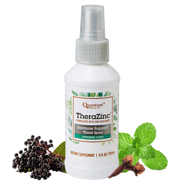 TheraZinc immune support spray bottle with herbs on a white background