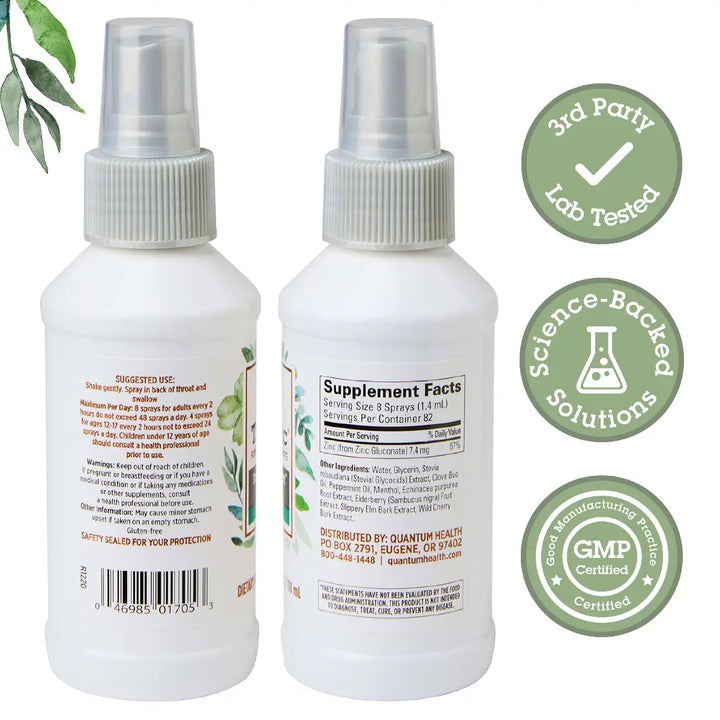 Two white spray bottles with labels, surrounded by green certification logos on a white background.