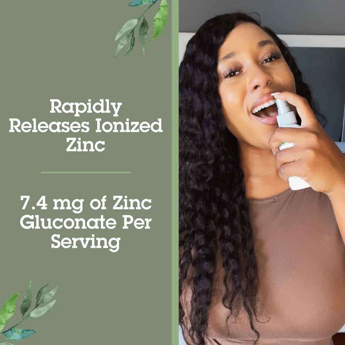 Woman using a spray product with text about ionized zinc and zinc gluconate content.