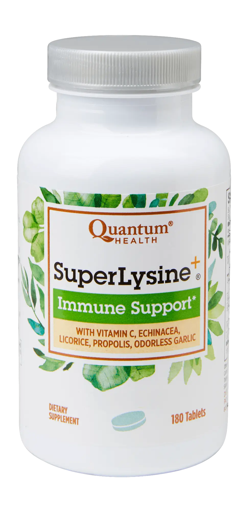 Supplement bottle labeled 'SuperLysine+ Immune Support' by Quantum Health on a white background