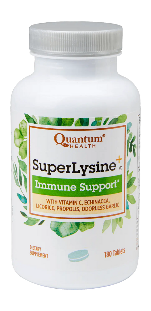 Supplement bottle labeled 'SuperLysine+ Immune Support' by Quantum Health on a white background