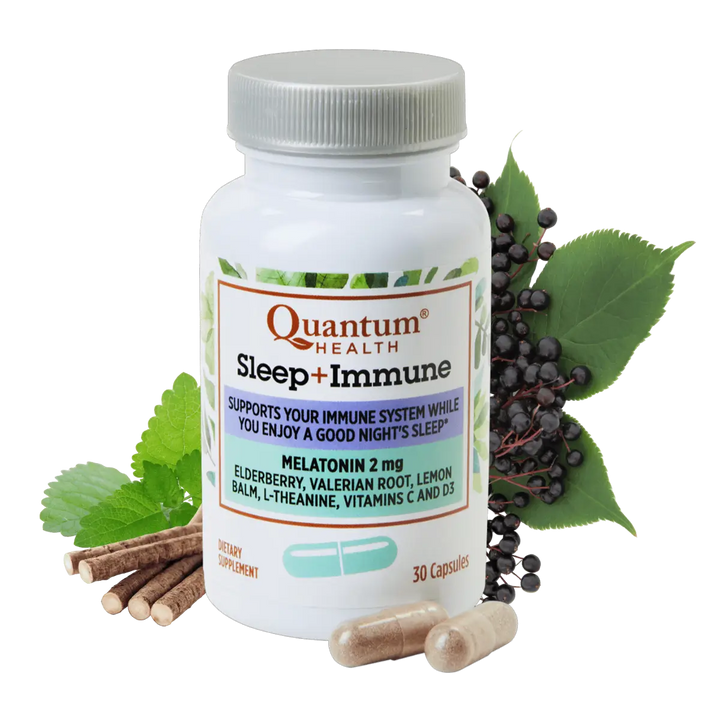 Quantum Health Sleep + Immune supplement bottle with ingredients on a white background