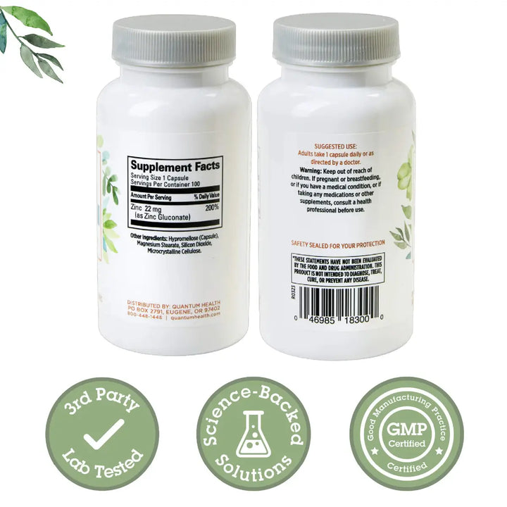 Two supplement bottles with labels, side by side on a white background, featuring certification logos.