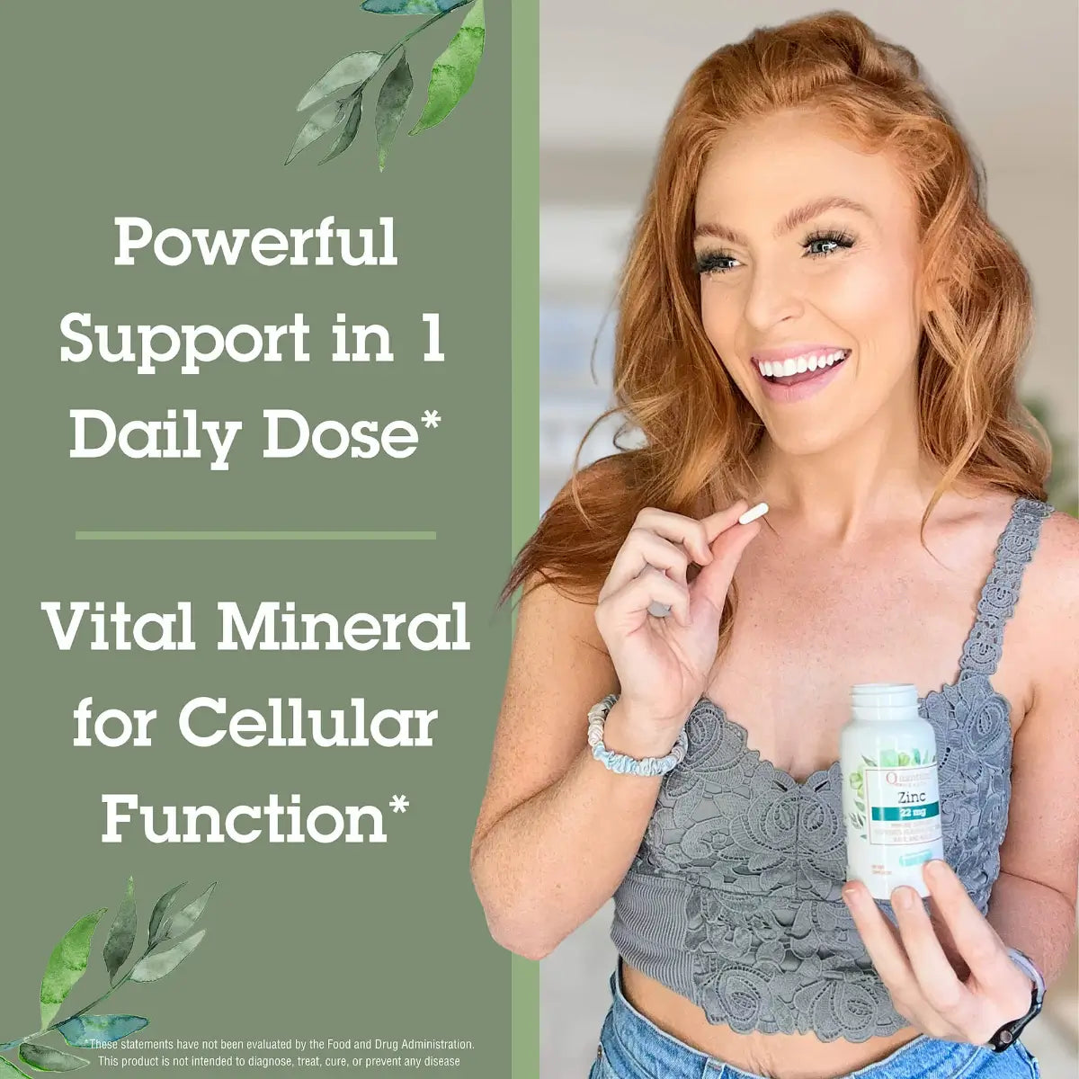 Woman holding a supplement bottle with text about vital minerals for cellular function on a green background