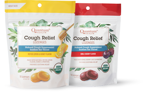 Cough Relief Organic Lozenges in Meyer Lemon and Honey and Bing Cherry flavors.