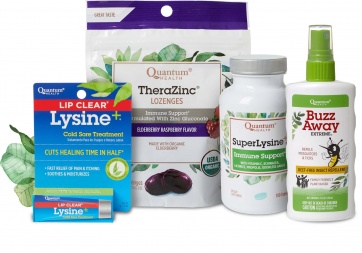 Lip Clear Lysine +, TheraZinc Organic Lozenges, Super Lysine + Tablets, and Buzz Away Extreme.