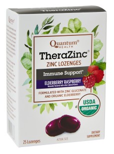 Front side of a box of TheraZinc USDA Organic Elderberry Raspberry boxed lozenges.