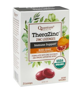 Front side of a box of TheraZinc USDA Organic blood orange boxed lozenges.